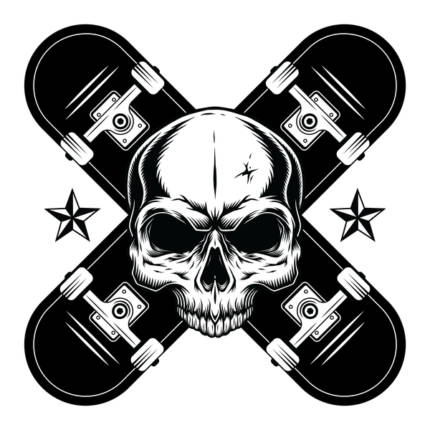 Skateboard Pirate Skull – Black and White – Tattoo Style