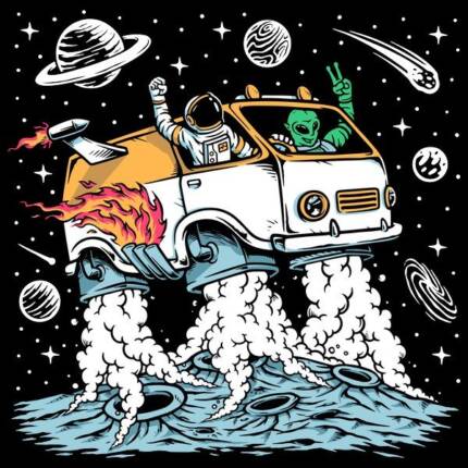 Astronaut and Alien Drive Space Car