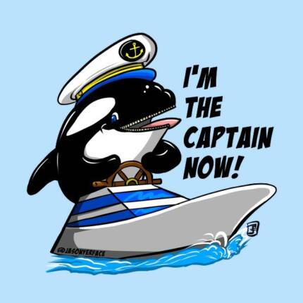 I’m the Captain Now Orca Killer Whale Driving a Boat